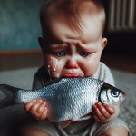 A baby crying while holding a dead fish