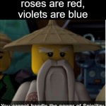 so says master wu | roses are red,
violets are blue | image tagged in you cannot handle the power of spinjitzu | made w/ Imgflip meme maker