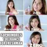 Pimples, Zero! | SOPHOMORE’S TOLERANCE FOR FRESHMAN | image tagged in pimples zero,memes | made w/ Imgflip meme maker