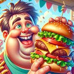 fat man eating a burger