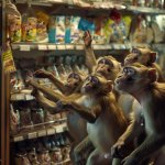 A group of monkeys trying to get the food