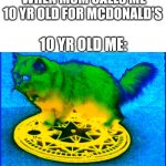 I shall chow down on my happy meal | WHEN MOM CALLS ME 10 YR OLD FOR MCDONALD'S; 10 YR OLD ME: | image tagged in whom has summoned the almighty cat | made w/ Imgflip meme maker