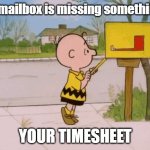 Timesheet not in mailbox | My mailbox is missing something... YOUR TIMESHEET | image tagged in charlie brown mailbox,timesheet reminder,missing time | made w/ Imgflip meme maker