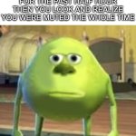 Be honest, this has happened to everyone at least once | WHEN YOU'VE BEEN TELLING YOUR FRIEND A STORY FOR THE PAST HALF HOUR THEN YOU LOOK AND REALIZE YOU WERE MUTED THE WHOLE TIME | image tagged in mike wazowski face swap,phone call,discord,mute | made w/ Imgflip meme maker