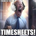 Joe Biden headphones | I WANNA SEE YOUR; TIMESHEETS! | image tagged in joe biden headphones | made w/ Imgflip meme maker