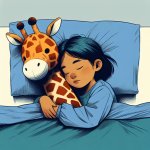 9 year old child sleeping with a giraffe stuffie