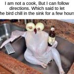 Turkey | I am not a cook, But I can follow directions. Which said to let the bird chill in the sink for a few hours | image tagged in turkey,memes,funny,bird | made w/ Imgflip meme maker