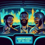 three drunk guys in a taxi with funny faces