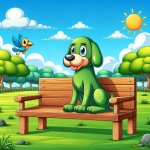 green dog on a bench