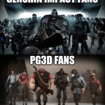 Pg3d fans vs genshin impact fans | GENSHIN IMPACT FANS; PG3D FANS | image tagged in mann vs machine | made w/ Imgflip meme maker