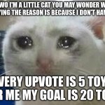 crying cat | HEWO I'M A LITTLE CAT YOU MAY WONDER WHY I'M CRYING THE REASON IS BECAUSE I DON'T HAVE TOYS; EVERY UPVOTE IS 5 TOYS FOR ME MY GOAL IS 20 TOYS | image tagged in crying cat | made w/ Imgflip meme maker