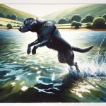 Black Labrador retriever, jumping into water