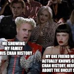 Mugatu So Hot Right Now | ME SHOWING MY FAMILY CHRIS CHAN HISTORY; MY ONE FRIEND WHO ACTUALLY KNOWS CHRIS CHAN HISTORY, NERVOUS ABOUT THE UNCLIT SAGA | image tagged in memes,mugatu so hot right now,the unclit saga,unclit,chris chan,sonichu | made w/ Imgflip meme maker