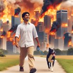 Man walking his dog smiling while world burns behind him