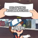 Why tho | 90% OF THINGS WE LEARN IN SCHOOL; REAL LIFE | image tagged in this is worthless | made w/ Imgflip meme maker