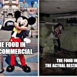 mickey mouse in disneyland | THE FOOD IN THE COMMERCIAL; THE FOOD IN THE ACTUAL RESTAURANT | image tagged in mickey mouse in disneyland | made w/ Imgflip meme maker
