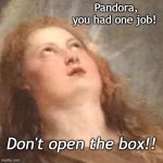 Annoyed Angel Reaction | Pandora, you had one job! Don't open the box!! | image tagged in annoyed angel reaction | made w/ Imgflip meme maker