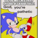 Your pathetic | SO YOU WATCHED EVERY EPISODE OF SKIBIDI TOILET. | image tagged in sonic god you're pathetic | made w/ Imgflip meme maker
