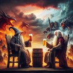 Two powerful wizards drinking a beer with an epic battle in the
