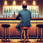 A male salesperson sitting on a stool at a bar counter, viewed f