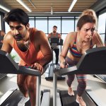 funny couple working out side by side