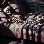 skeleton laying in bed