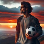 Clever man looking to the horizon holding a soccer ball