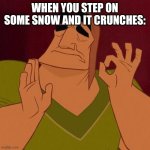 Amazing | WHEN YOU STEP ON SOME SNOW AND IT CRUNCHES: | image tagged in when x just right,memes,relatable | made w/ Imgflip meme maker