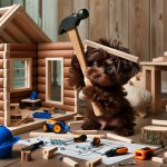 Cute little brown dog building a house template