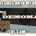 its true | WHAT GOES ON IN MY BRAIN; AT 3 AM | image tagged in meet the demoman | made w/ Imgflip meme maker