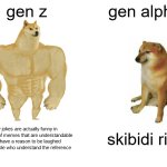 Gen Z vs Gen Alpha | gen z; gen alpha; my jokes are actually funny in the form of memes that are understandable and have a reason to be laughed at to people who understand the reference; skibidi rizz | image tagged in memes,buff doge vs cheems | made w/ Imgflip meme maker