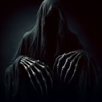 Scary black ghostly figure whit long hands and fingers whit a sc