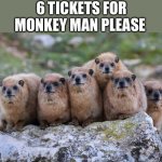 Rock Hyrax Squad | 6 TICKETS FOR MONKEY MAN PLEASE | image tagged in rock hyrax squad,movies,memes,shitpost,meme,movie humor | made w/ Imgflip meme maker