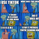 L O N G | I USE TIKTOK; WHAT DOES THAT MEAN; NO IT DOES NOT; IT MEANS HE IS AFRAID OF LONG MEDIA; E N D G A M E; STOP IT PATRICK, YOU'RE SCARING HIM! | image tagged in stop it patrick you're scaring him | made w/ Imgflip meme maker