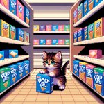 Kitten attacking pop tarts at the store