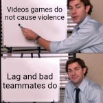 Is real? | Videos games do not cause violence; Lag and bad teammates do | image tagged in jim halpert pointing to whiteboard | made w/ Imgflip meme maker