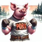 Pig with fists clenched in the air with pork on his t shirt