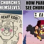 A different point of view | HOW PARENTS SEE CHURCHES; HOW CHURCHES SEE THEMSELVES | image tagged in i heart kids i eat kids,dank,christian,memes,r/dankchristianmemes | made w/ Imgflip meme maker