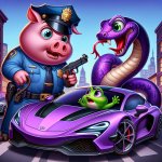 Pig in a police uniform arresting a scared purple snake that's d