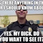 copper | IS THERE ANYTHING IN THE CAR I SHOULD KNOW ABOUT? YES. MY DICK. DO YOU WANT TO SEE IT? | image tagged in copper | made w/ Imgflip meme maker