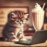 kitten doing work on laptop with nerd glasses and a milkshake as