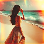 Girl in a flowing dress looking at the sea in admiration; photog
