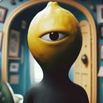 Black Humanoid with a lemon as a head and with only 1 eye