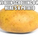 You probably have been scrolling a while | YOU'VE BEEN SCROLLING A WHILE; HERE'S A POTATO | image tagged in potato | made w/ Imgflip meme maker