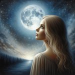 Blonde lady looking up at starry night sky full moon