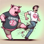 Pig with a t-shirt on saying "Crypto 2.0" kicking a scared man w