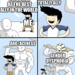 opponent behind | I’M GONNA BE THE BEST ALLY IN THE WORLD; TOTALLY ALLY; ME; ARO/ACENESS; GENDER DYSPHORIA | image tagged in opponent behind | made w/ Imgflip meme maker
