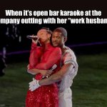 Usher hugging Keys | When it’s open bar karaoke at the company outting with her “work husband” | image tagged in usher hugging keys | made w/ Imgflip meme maker