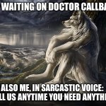 Waiting Wolf | ME: WAITING ON DOCTOR CALLBACK; ALSO ME, IN SARCASTIC VOICE: 
“CALL US ANYTIME YOU NEED ANYTHING” | image tagged in melancholic werewolf,doctors,phone call,doctor,waiting | made w/ Imgflip meme maker
