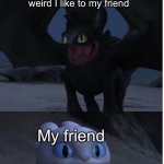No really what did he say | Me saying something weird I like to my friend; My friend; WTF | image tagged in toothless and lightfury meme,friends,weird,how to train your dragon,how to train your dragon 3 | made w/ Imgflip meme maker